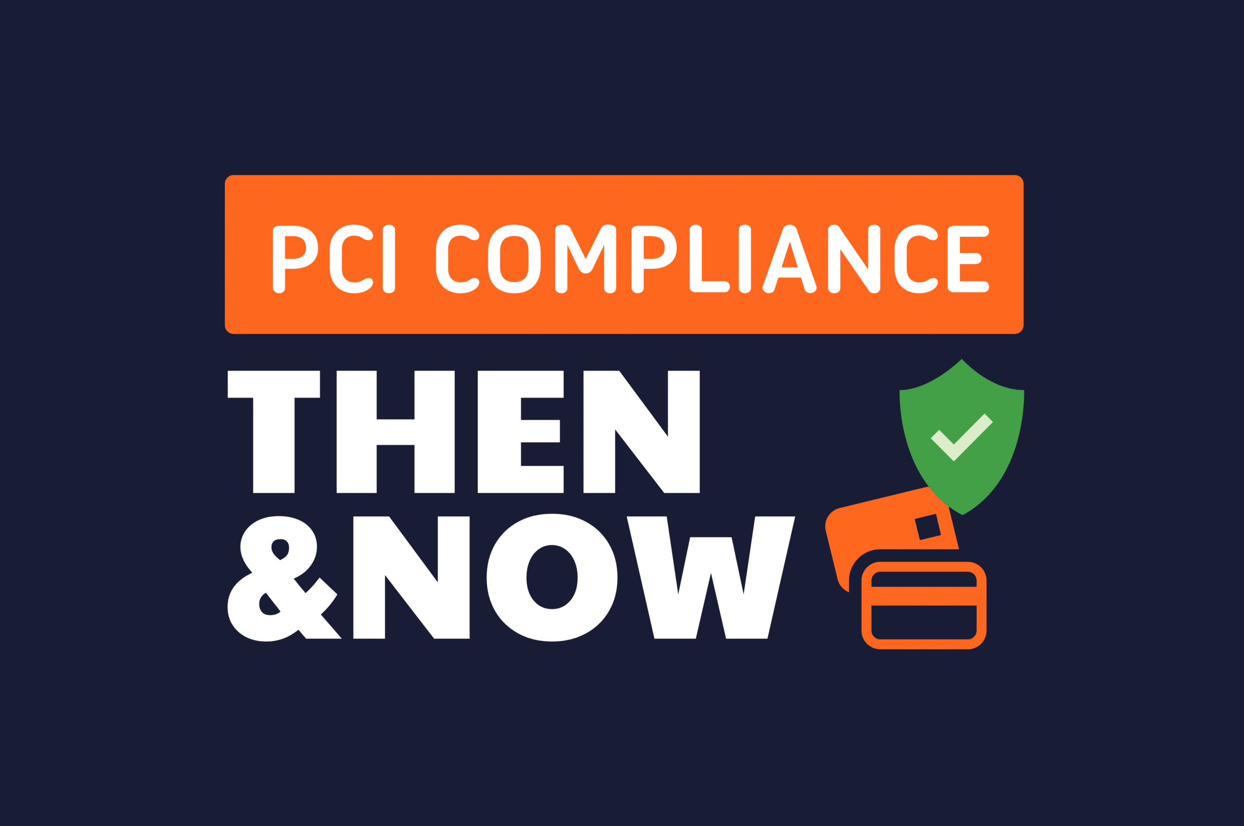 Text Reads: PCI Compliance Then and Now, with graphics of payment cards and a shield