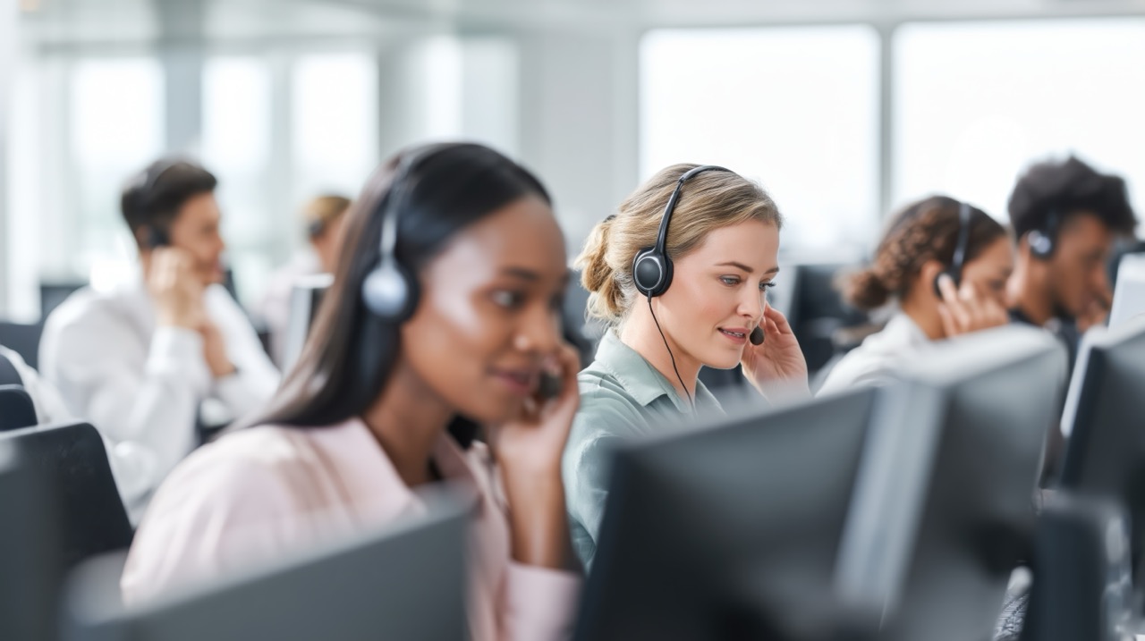 Row of contact centre colleagues taking calls while wearing headsets