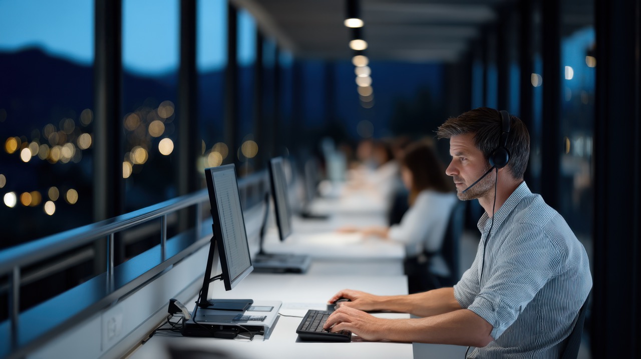 Contact centre team working at night under headset lighting