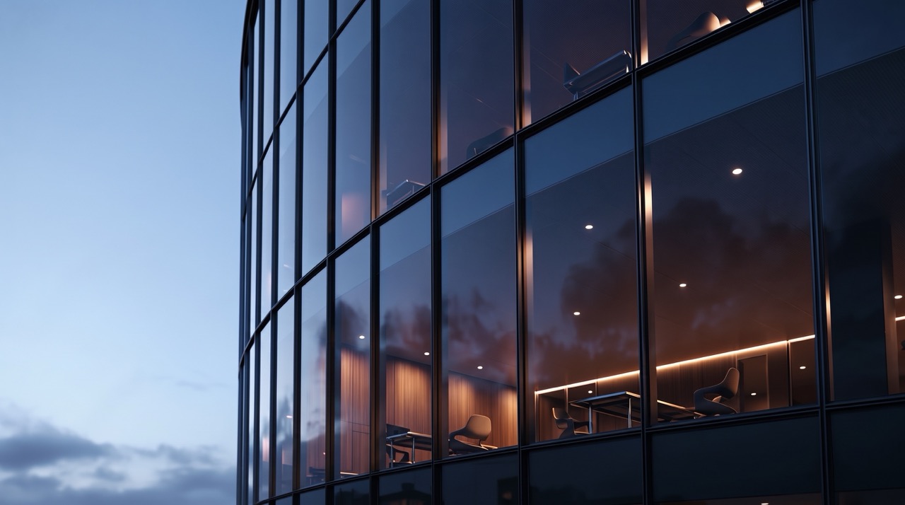 Glass office building facade reflecting a dusk sky