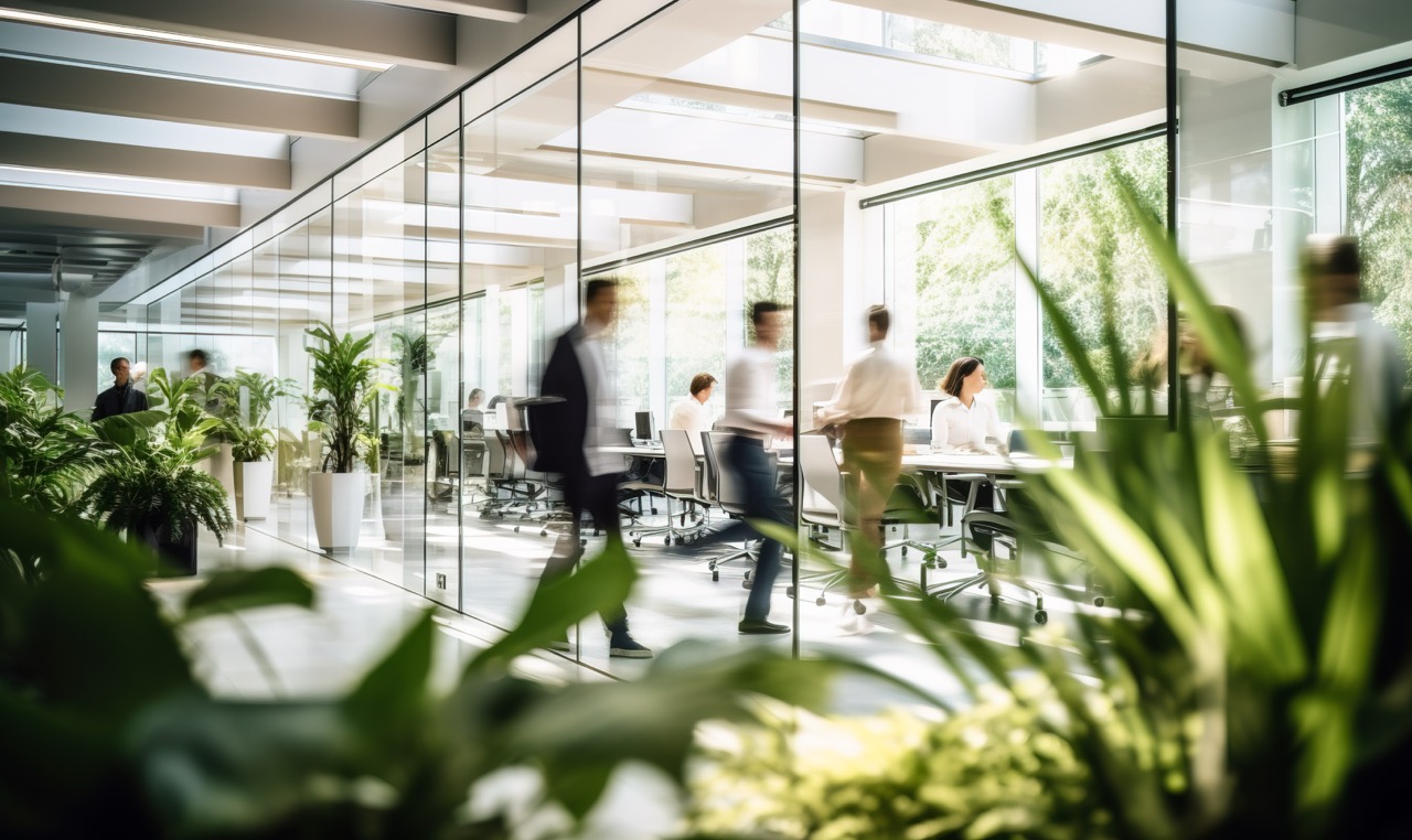 Bright glass-walled office interior