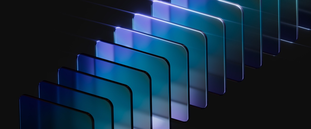 Abstract graphic of layered translucent screens in blue and purple