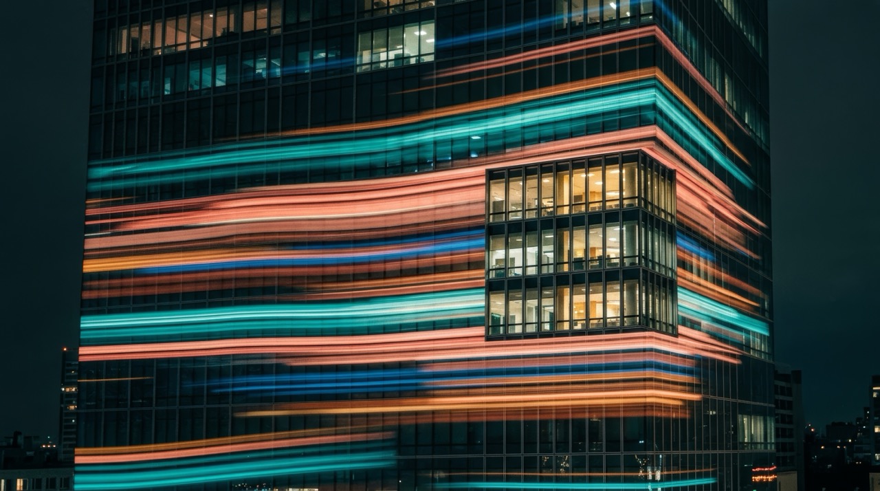 Modern office building facade at night with coloured light trails