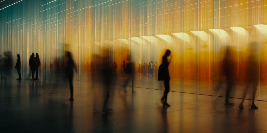 People crossing a busy atrium, captured with motion blur in warm light