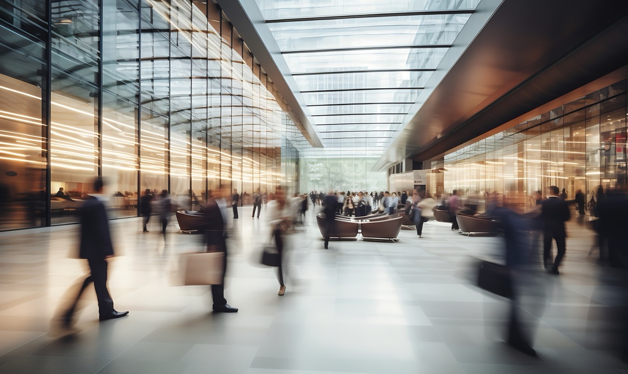 Busy transport terminal concourse with people moving, captured with motion blur
