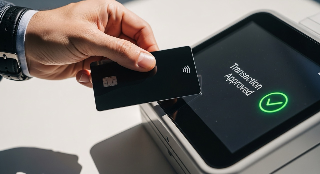 Contactless card being tapped on a payment terminal showing Transaction Approved