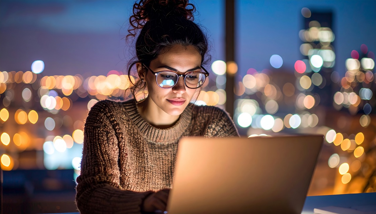 Person working at a laptop in the evening with city lights behind them
